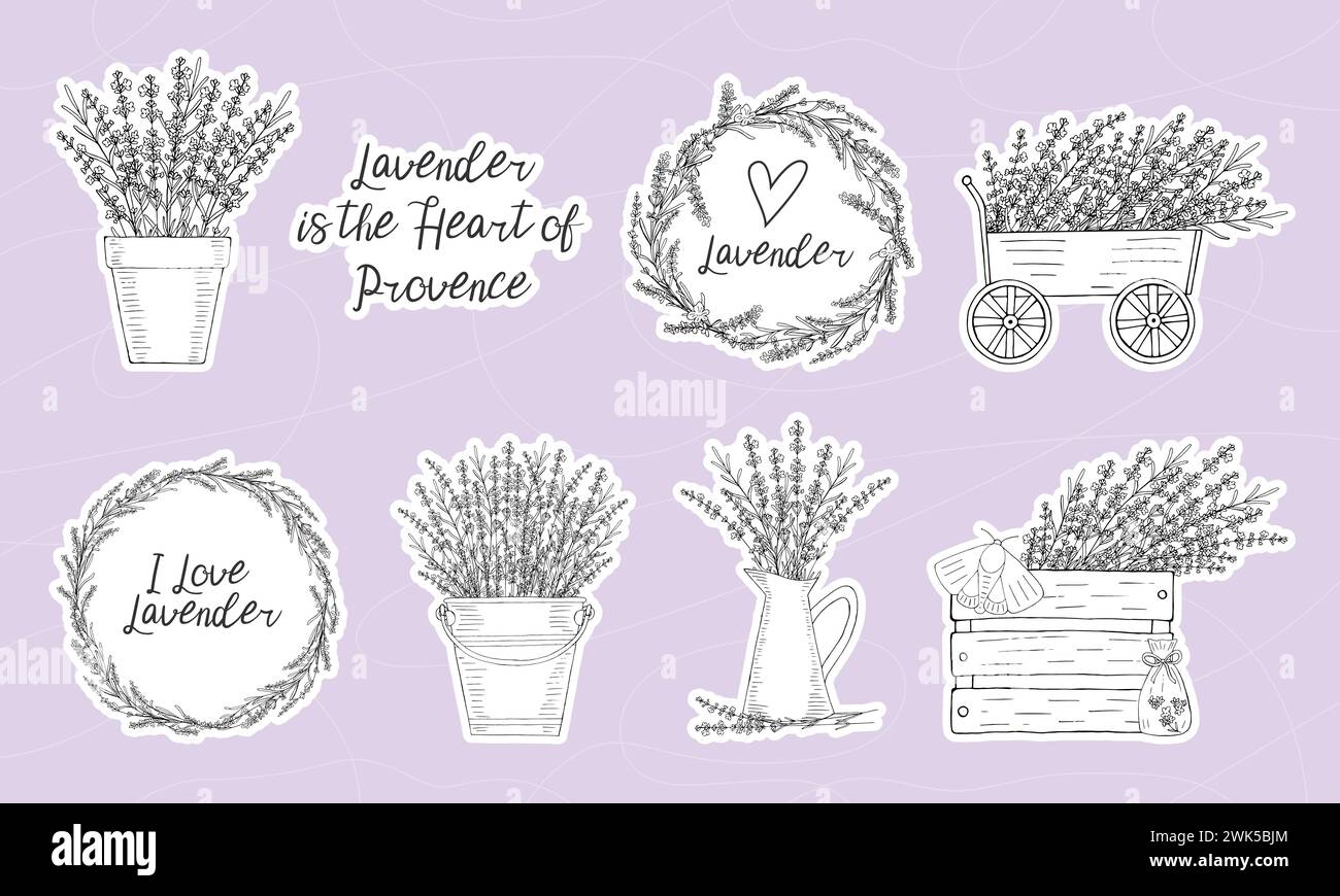 Lavender sticker pack in doodle sketch style. Vintage hand drawn black contour set for print. Heart of Provence Stock Vector