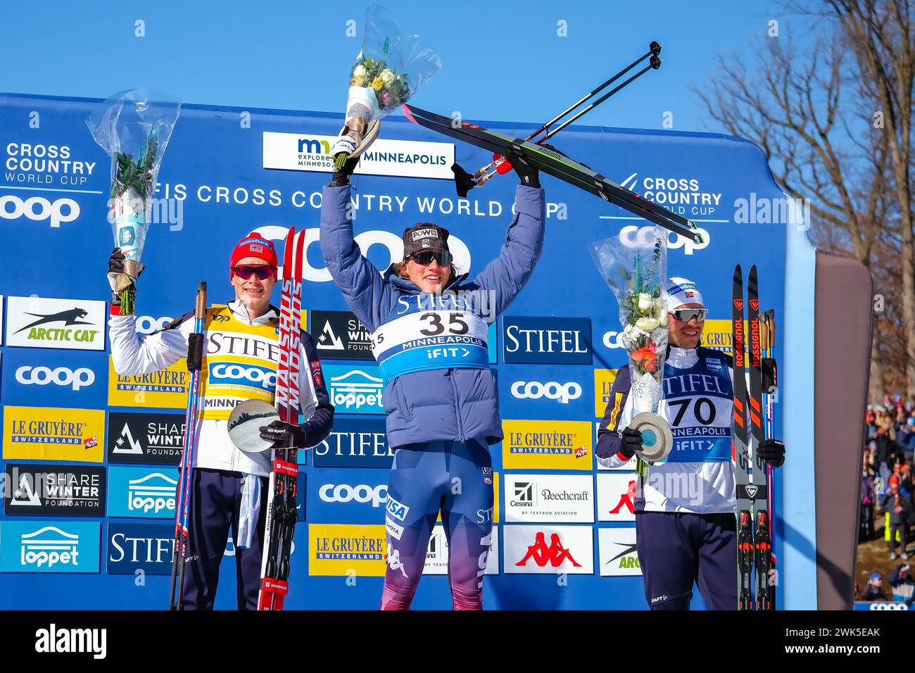 Minneapolis, Minnesota, USA. 18th Feb, 2024. The top 3 men: HARALD OESTBERG AMUNDSEN, GUS SCHUMACHER, and PAAL GOLBERG celebrate on the podium after the men's 10km race on day 3 of the 2024 COOP FIS Cross-Country World Cup, on February 18, 2024, in Minneapolis, Minnesota, USA. (Credit Image: © Steven Garcia/ZUMA Press Wire) EDITORIAL USAGE ONLY! Not for Commercial USAGE! Stock Photo