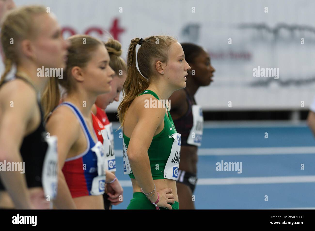 Nele Jaworski (VfL Wolfsburg) before the start of the preliminary run over 60 meters at the German Indoor Athletics Championships 2024 in the Quarterback Immobilien Arena, Leipzig (Sven Beyrich/SPP) Credit: SPP Sport Press Photo. /Alamy Live News Stock Photo