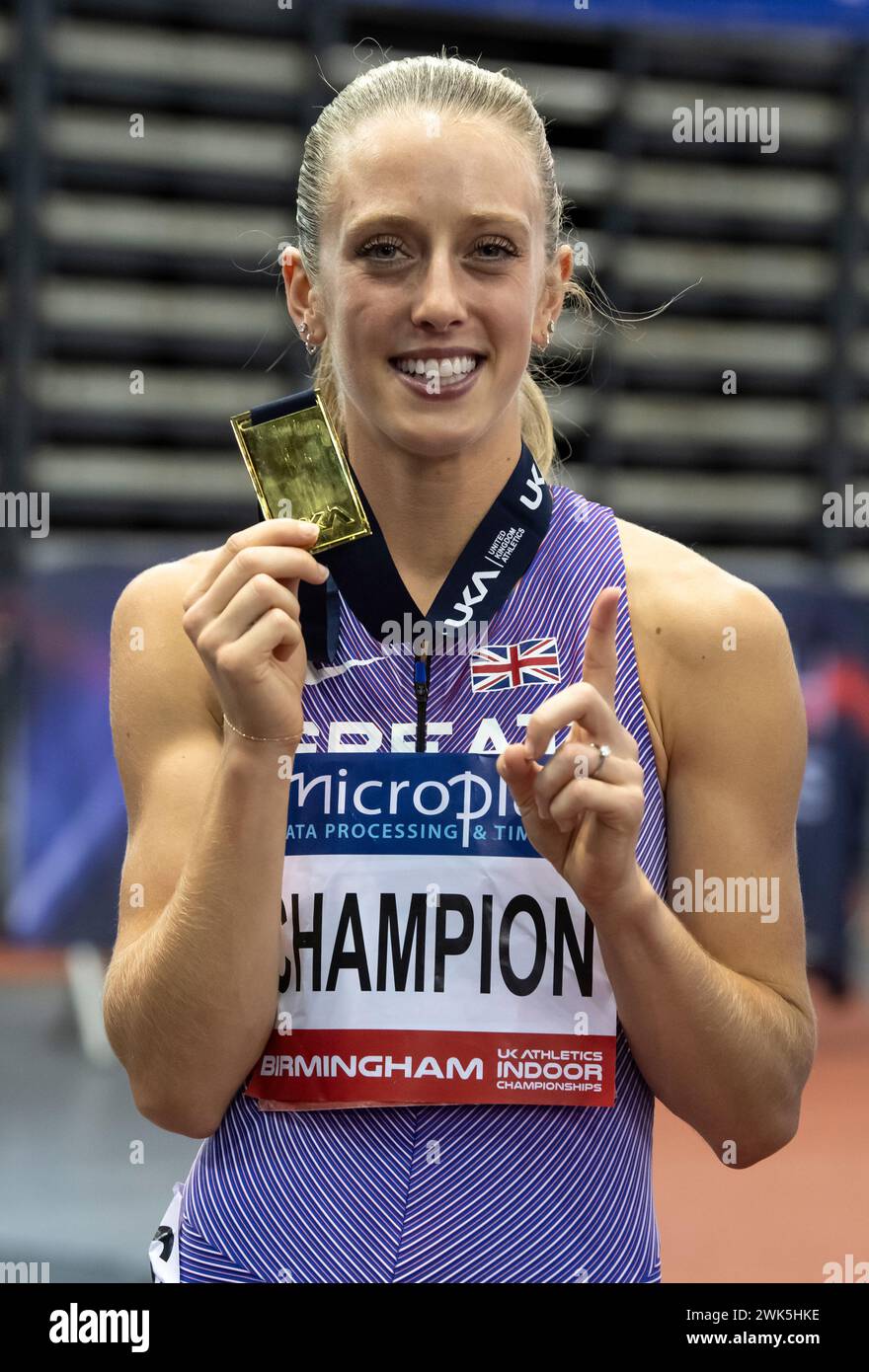 Birmingham, UK. 18th Feb, 2024. Jemma Reekie of Kilbarchan AAC wins a gold medal in the women's 800m at the Microplus UK Athletics Indoor Championships, Utilita Arena, Birmingham, UK on the 17/18th February 2024. Photo by Gary Mitchell Credit: Gary Mitchell, GMP Media/Alamy Live News Stock Photo