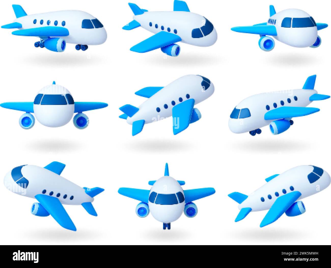 Isolated 3d render planes. Cartoon aircrafts, air travel and transportation. Realistic plane different rotates, airplane pithy vector icons Stock Vector