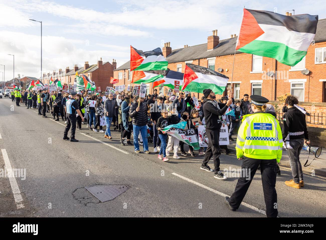 Wakefield, UK. 18 FEB, 2024. Pro Palestine demonstrators make their way through the streets of Wakefield on the cities first ever Palestine March . Credit Milo Chandler/Alamy Live News Stock Photo