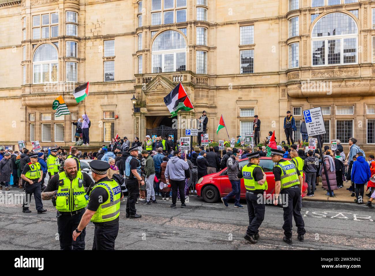 Wakefield, UK. 18 FEB, 2024. Pro Palestine protestors gather on the steps of Wakefield town hall where speeches were then held following the conclusion of the first ever palestine march through Wakefield. Credit Milo Chandler/Alamy Live News Stock Photo