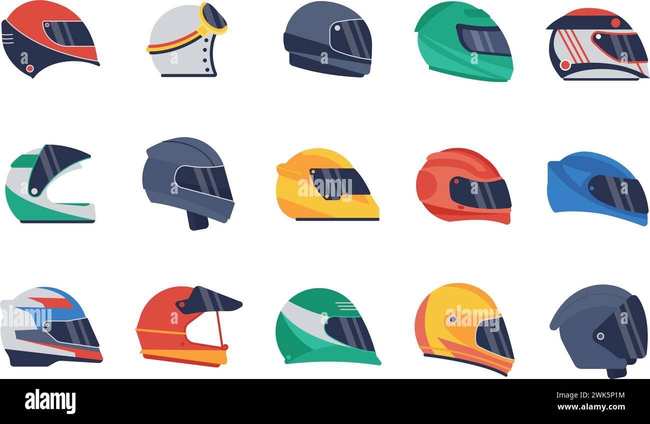 Moto helmets. Motorcycle helmet, biker racing uniform. Headgear daily or sport style, head protect for drivers. Isolated accessories decent vector set Stock Vector