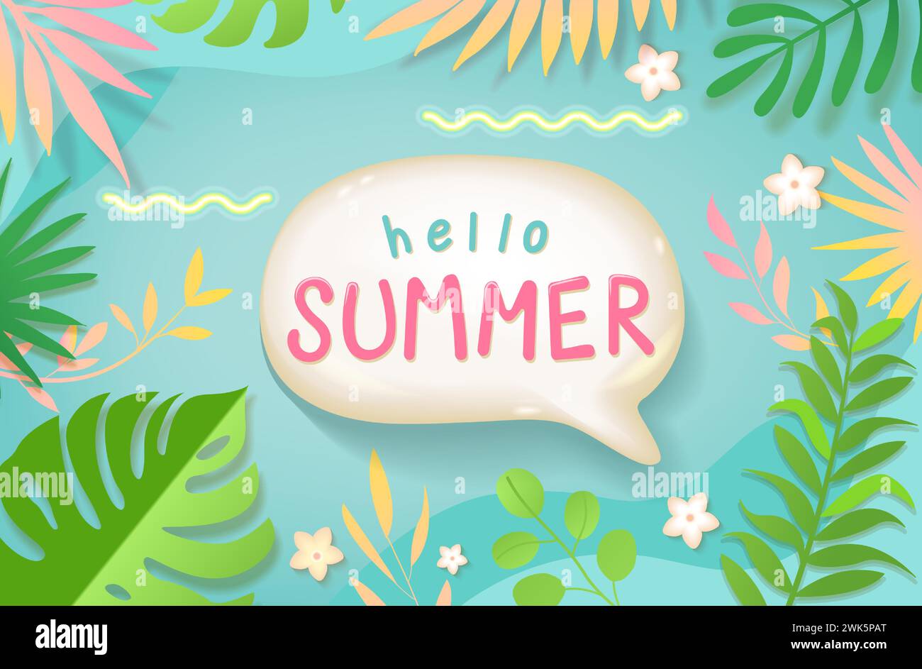 Hello summer, 3d speech bubble among green leaves. Stock Vector