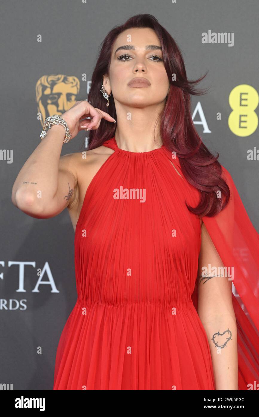 London, UK. 18th Feb, 2024. English singer Dua Lipa attends the EE BAFTA Film Awards 2023 at The Royal Festival Hall in London, England on Sunday, February 18, 2024. Photo by Rune Hellestad/ Credit: UPI/Alamy Live News Stock Photo