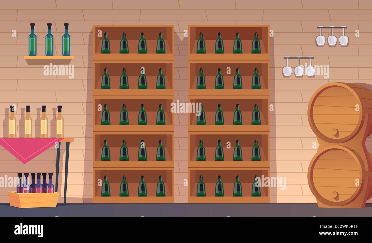 Wine background barrels and bottles winery. Vector cartoon illustration Stock Vector