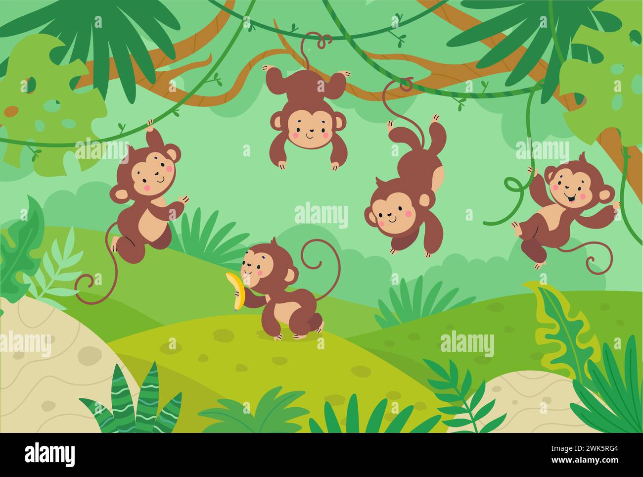 Monkeys in tropical forest. Cartoon monkey hang on vine, jungle wild funny characters. Rainforest animals, childish nowaday vector illustration Stock Vector