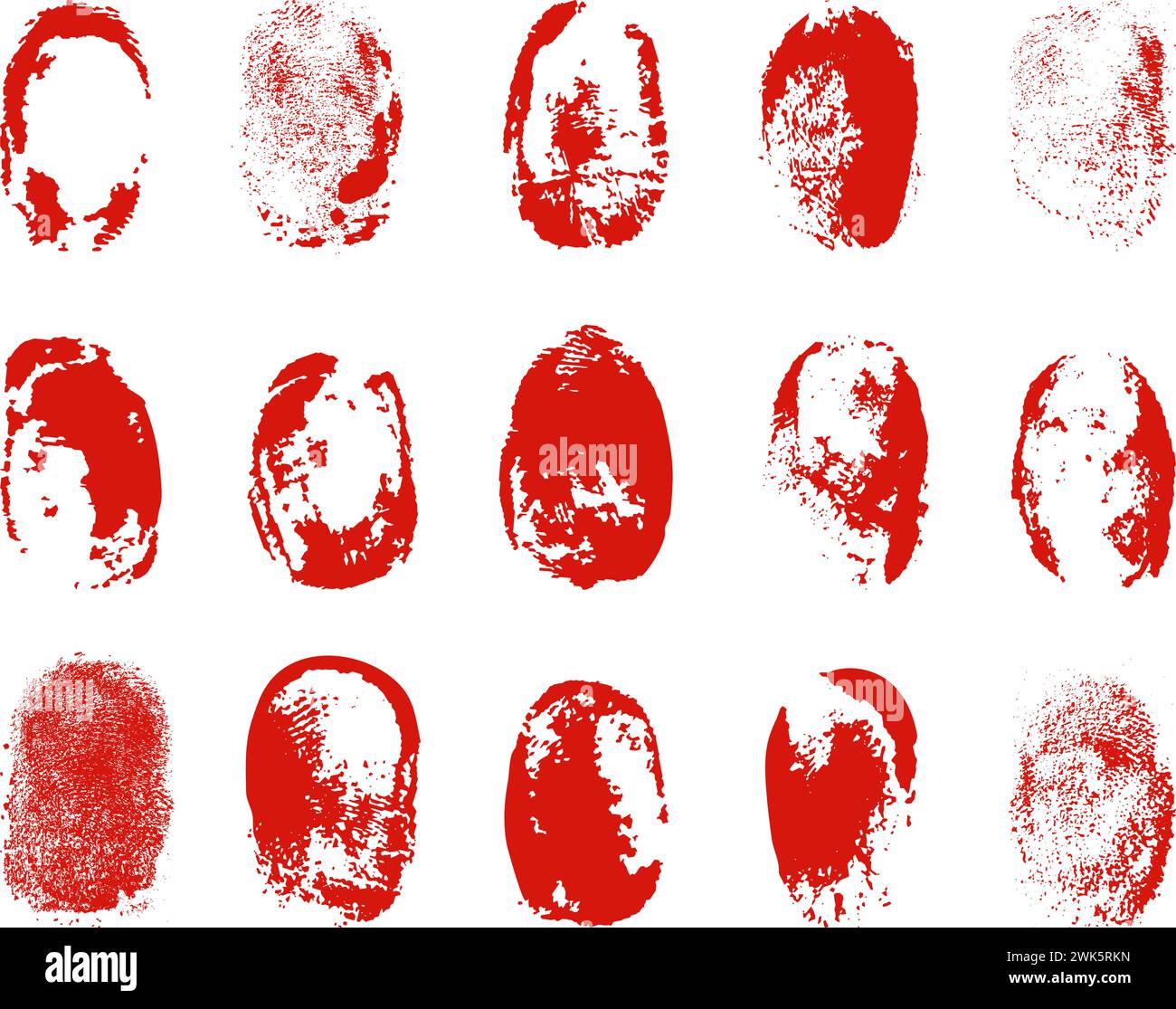 Bloody fingerprints. Isolated fingerprint in blood, red human identification elements and stains. Crime investigation, victim or criminal, neoteric Stock Vector