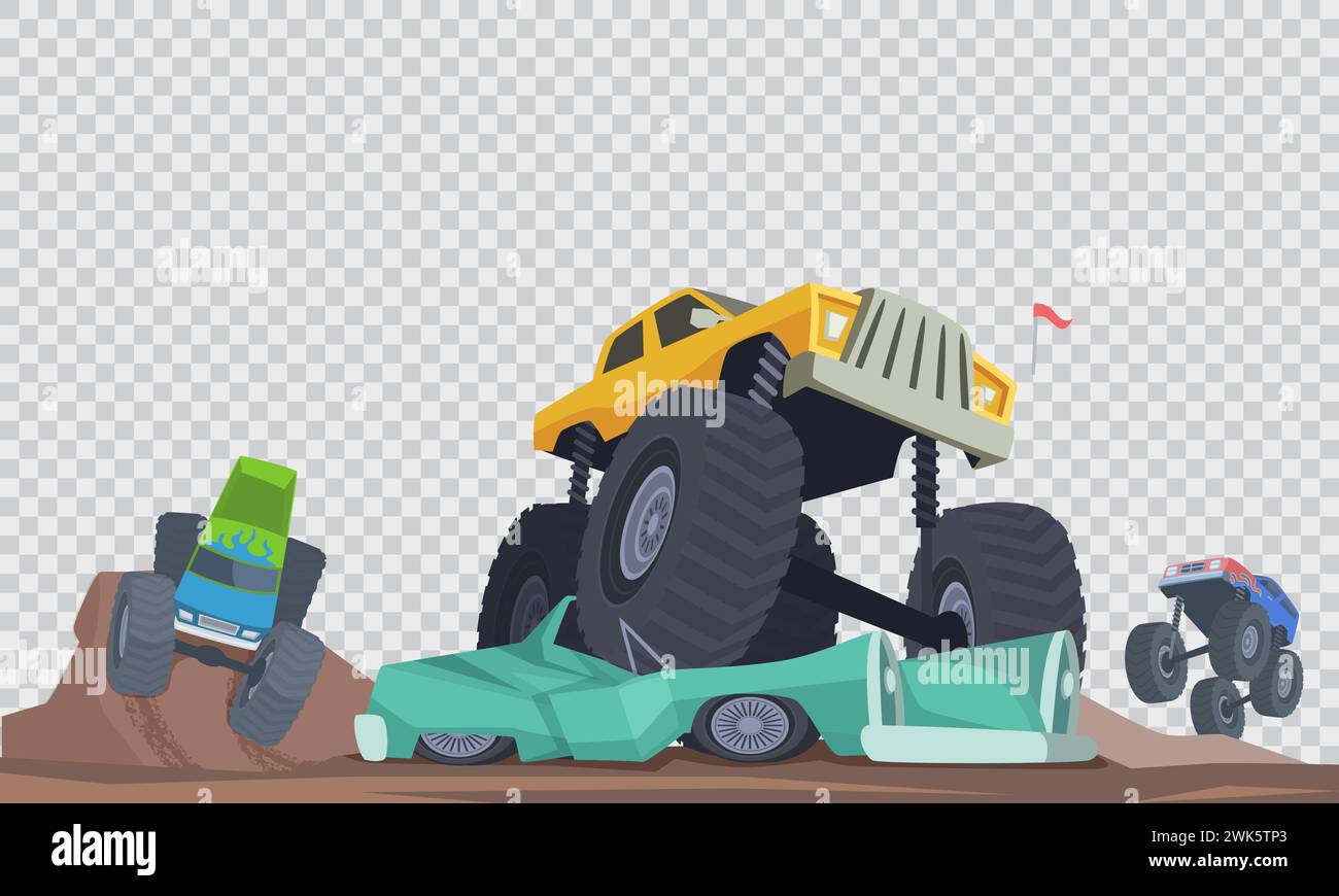 Bigfoot cars monster trucks with big wheels vector cartoon background Stock Vector