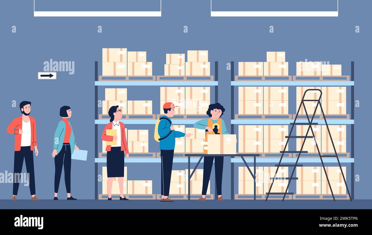 People on warehouse or stock office. Delivery service of purchases, post or store. Queue for parcels, people in waiting line and worker in uniform Stock Vector