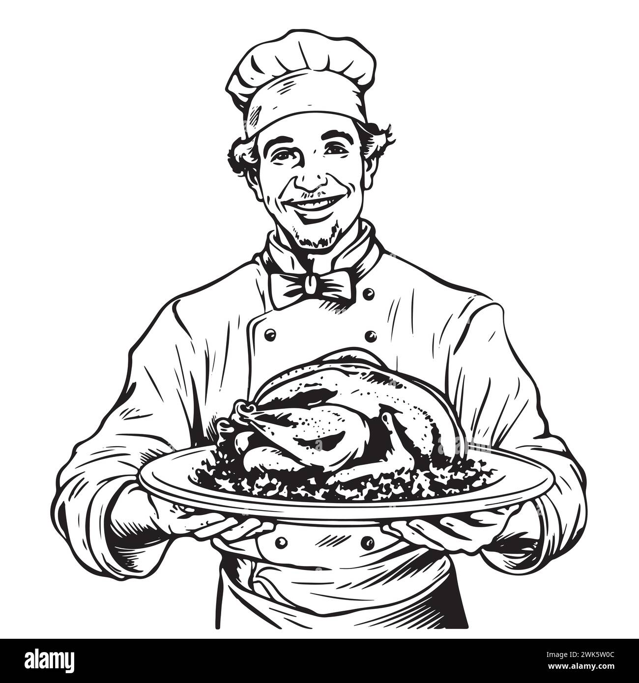 Happy chef in hat ,holding a chicken . Sketch vector illustration Stock Vector