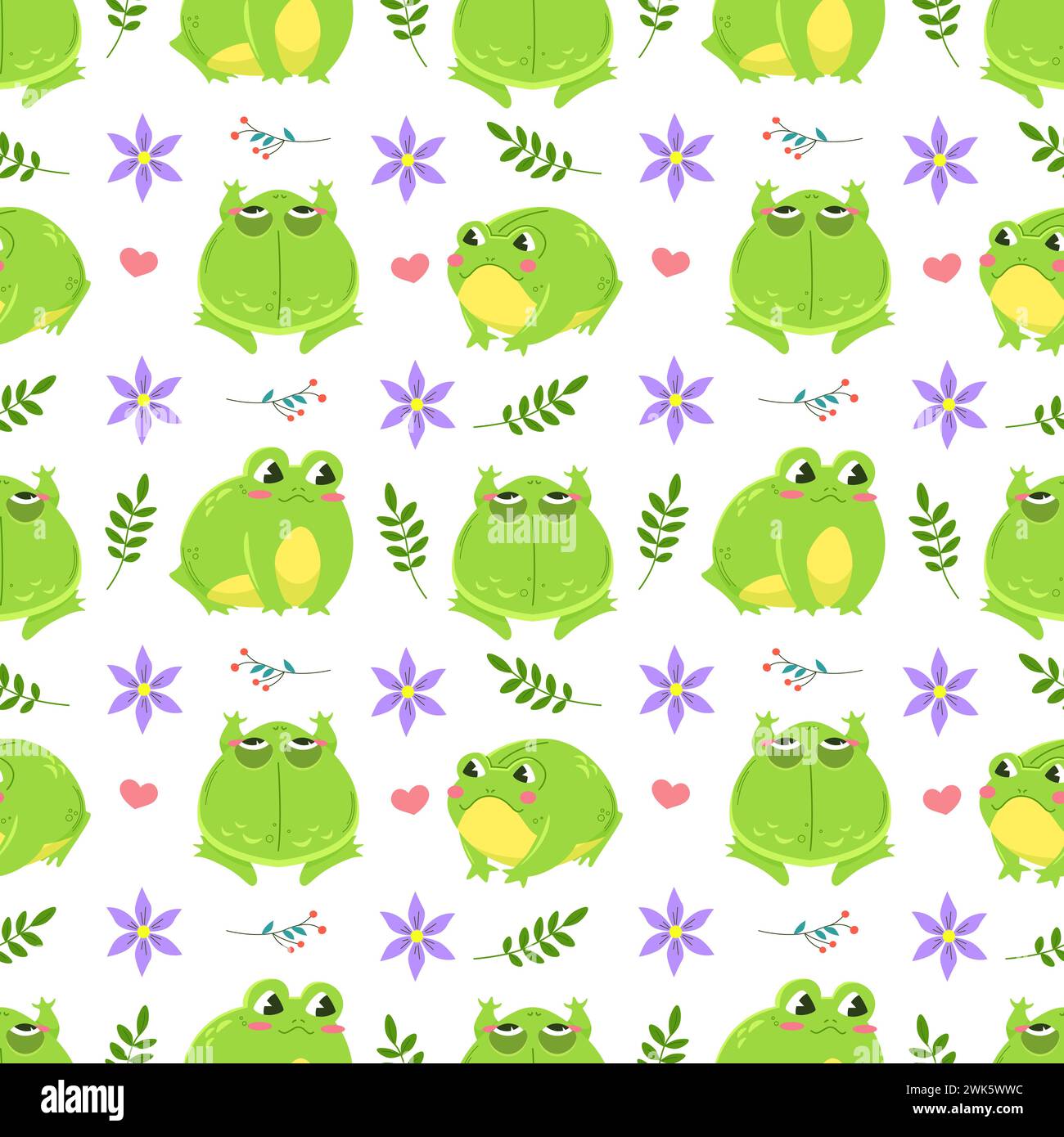 Spring Frog Background Seamless pattern of cute green frogs surrounded by spring flowers ...
