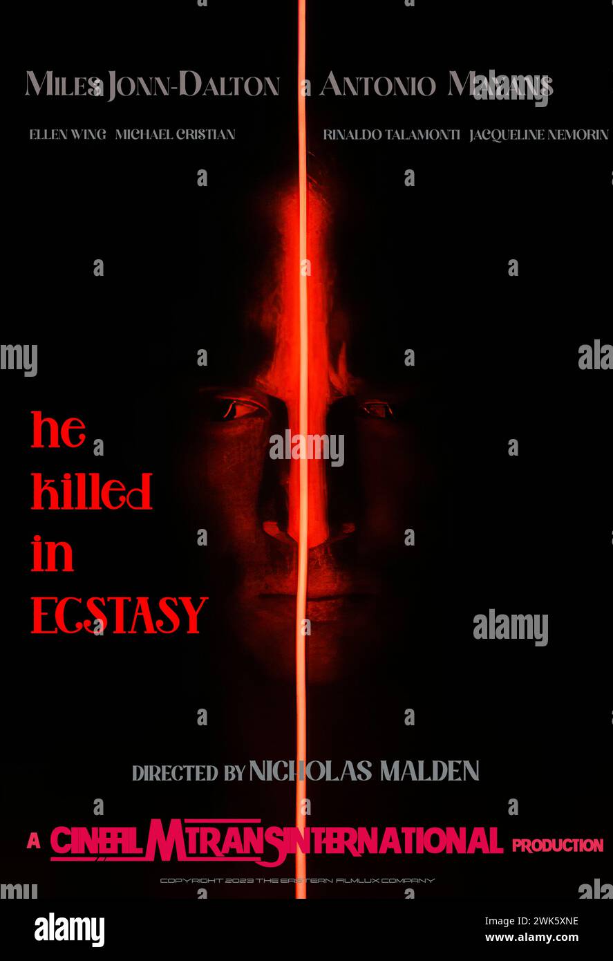 He Killed in Ecstasy (2024) directed by Nikolai Malden and starring Miles Jonn-Dalton, Ellen Wing and Antonio Mayans. A young doctor kills himself after a medical committee terminates his research into human embryos, considering it too inhumane. and his wife takes revenge. US Poster ***EDITORIAL USE ONLY***. Credit: BFA / Cinefilm Transinternational Stock Photo