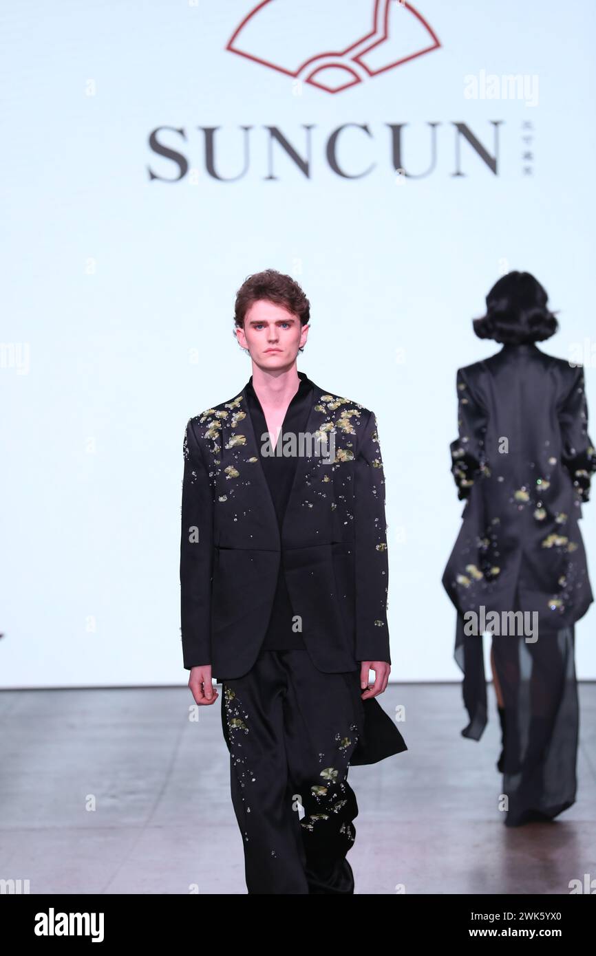 London, UK. 18th Feb, 2025. A model walks the runway during the SUNCUN