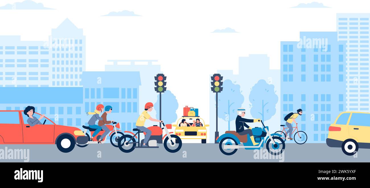 Busy traffic on city street. Urban road with motorcycles and cars, crossroads with traffic lights. People driving, vector transportation scene Stock Vector