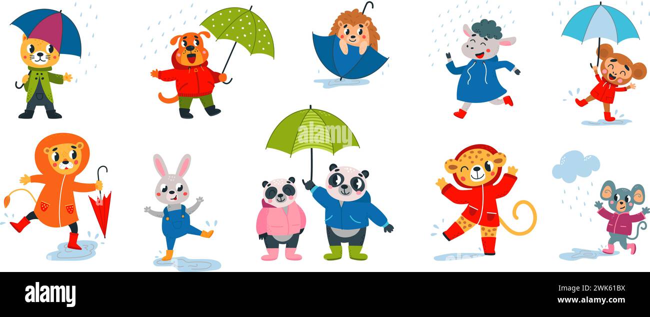 Funny animals at rainy day. Seasonal rain, animal wear raincoat and hold umbrella. Flat cartoon wild characters, panda, lion, cat classy vector set Stock Vector