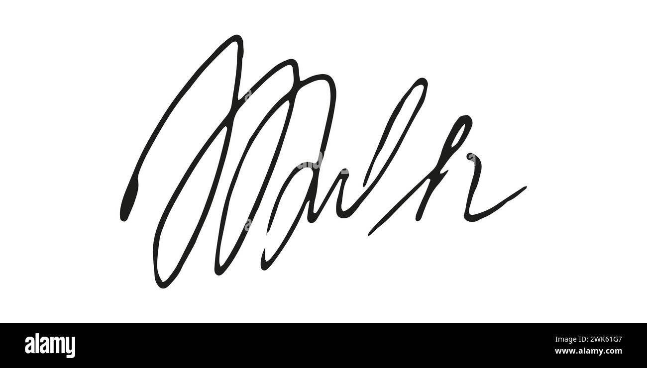 Fake signature hand drawn sample own autograph. Fictitious handwritten signature. Black ink. Scribble for sample contracts documents certificates or letters. Vector illustration. Stock Vector
