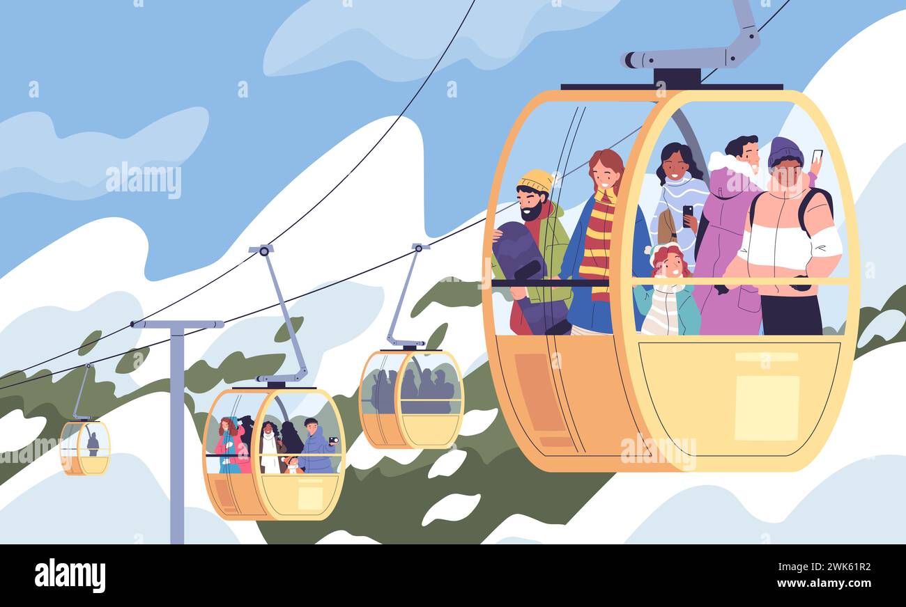 People on cableway. Diversity tourists lifting to mountain in ropeway ...