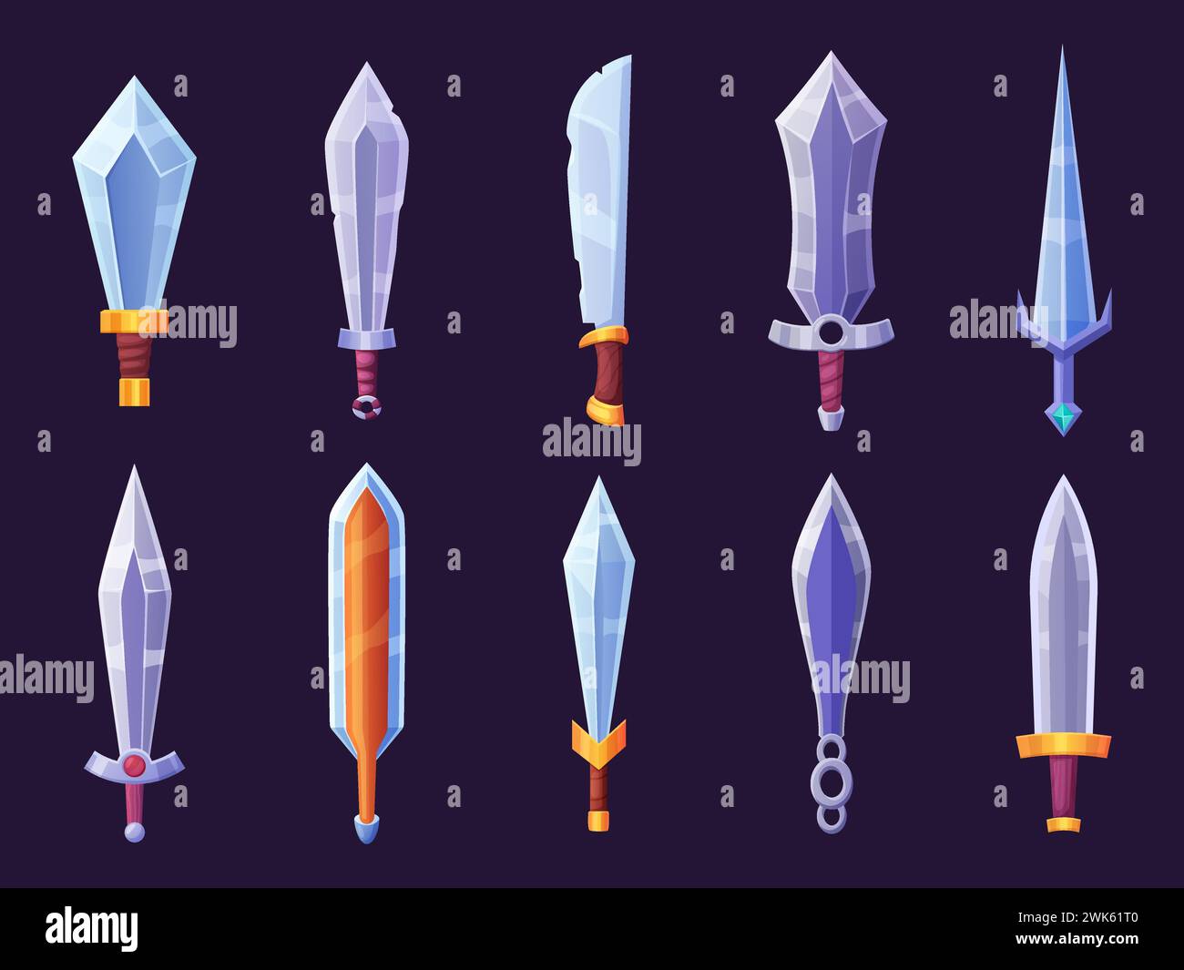 Medieval cartoon sword. Game swords icons, iron vintage weapons. Old style knives, sabre with steel blade. Warrior tools nowaday vector collection Stock Vector