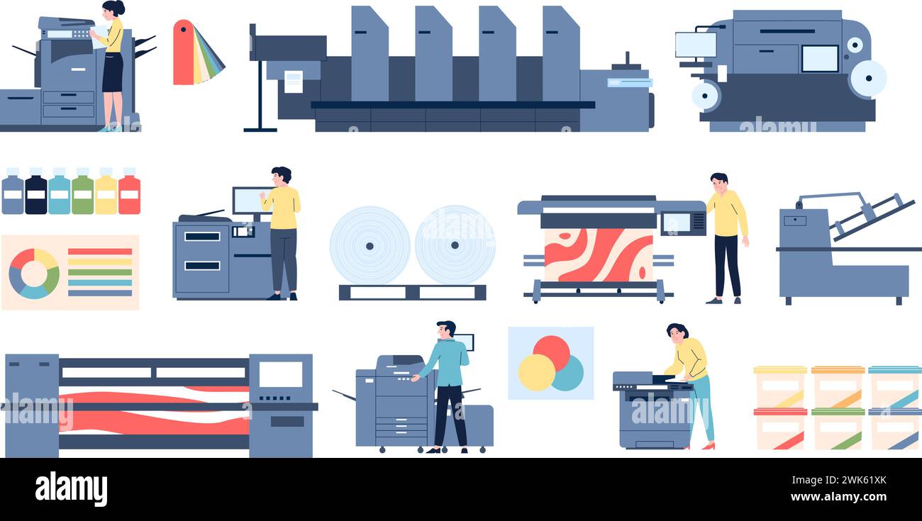 Print shop equipment. Designers and typography workers work with polygraphy tools. Paints pack