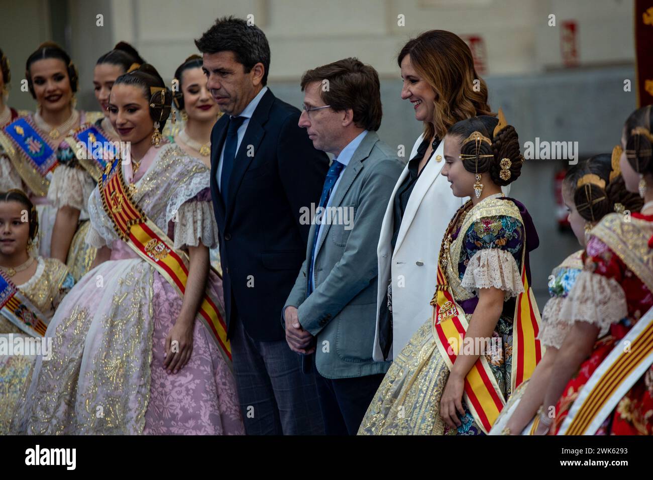 The mayor of Madrid, Jose Luis Martinez - Almeida (C) The president of the Valencian Generalitat, Carlos Mazón (L) and the mayor of Valencia, María José Catalá (R) seen during an official event at the Cibeles Palace. Madrid has held a Mascleta at the Madrid Río Park area where more than 300 kilos of explosives have been detonated.Previously at the Cibeles Palace, headquarters of the Madrid city council, an official event was held to welcome the Valencian delegation with the participation of the mayor of Madrid, Jose Luis Martínez - Almeida; the president of the Valencian Generalitat, Carlos Ma Stock Photo