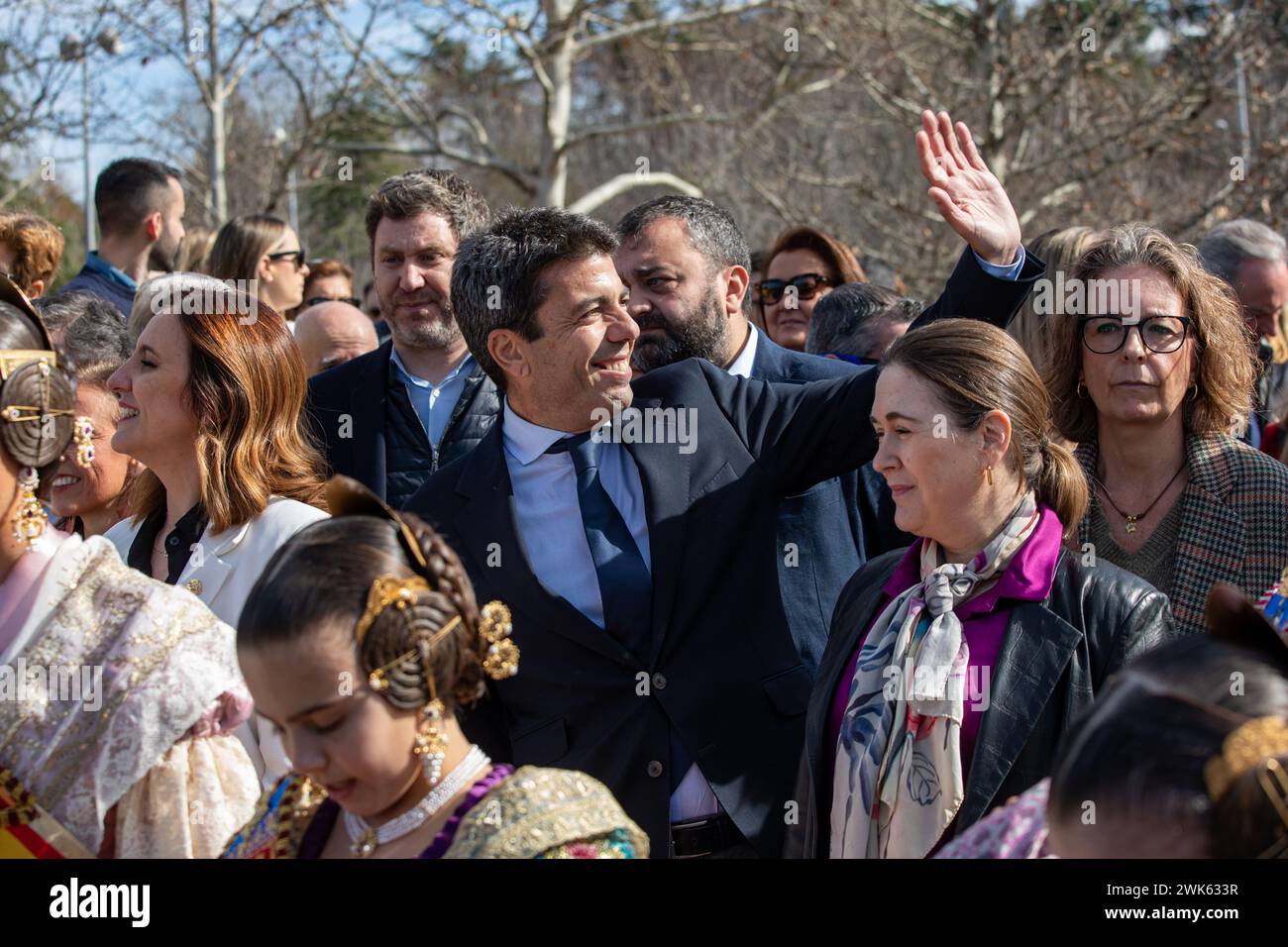 The president of the Valencian Generalitat, Carlos Mazón greets those present during the mascleta. Madrid has held a Mascleta at the Madrid Río Park area where more than 300 kilos of explosives have been detonated.Previously at the Cibeles Palace, headquarters of the Madrid city council, an official event was held to welcome the Valencian delegation with the participation of the mayor of Madrid, Jose Luis Martínez - Almeida; the president of the Valencian Generalitat, Carlos Mazón and the mayor of Valencia, María José Catalá and hundreds of 'falleras' with their typical costumes. (Photo by Dav Stock Photo