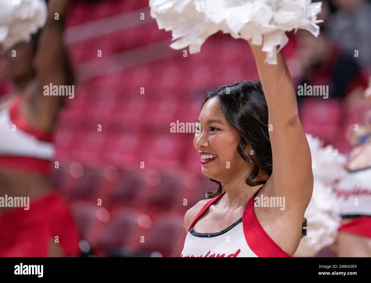 College Park, USA. 18th Feb, 2024. COLLEGE PARK, MD: - FEBRUARY 18: Maryland cheerleader performs during a women's college basketball game between the Maryland Terrapins and the Penn State Nittany Lions at Xfinity Center, in College Park, Maryland on February 18, 2024. (Photo by Tony Quinn/SipaUSA) Credit: Sipa USA/Alamy Live News Stock Photo