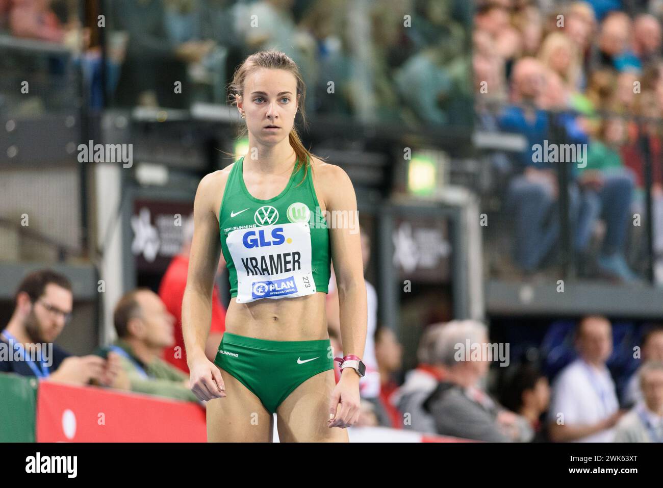 Leipzig, Germany. 18th Feb, 2024. Leipzig, Germany, February 18th 2024: Pernilla Kramer (VfL Wolfsburg) before the start of the semi-final over 200 meters at the German Indoor Athletics Championships 2024 in the Quarterback Immobilien Arena, Leipzig (Sven Beyrich/SPP) Credit: SPP Sport Press Photo. /Alamy Live News Stock Photo