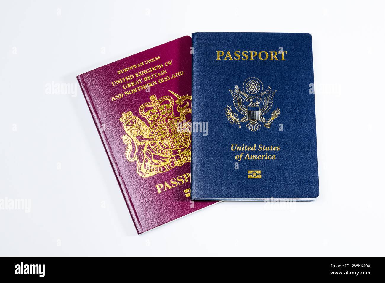 Seattle - February 12, 2024; Pair of passports for USA and UK within European Union Stock Photo