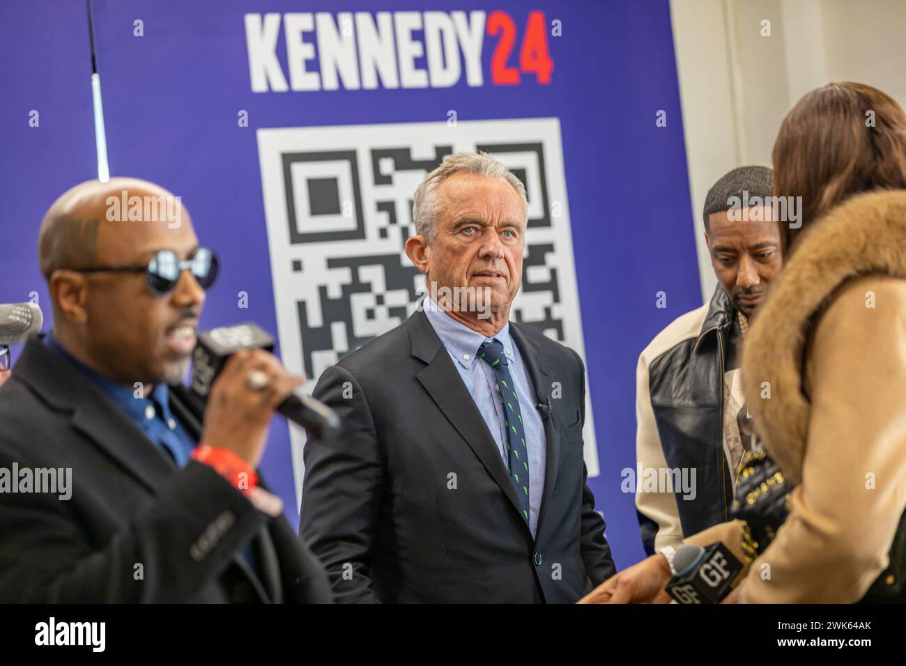 NEW YORK, NEW YORK - FEBRUARY 18: Independent presidential candidate Robert F. Kennedy Jr. hosts a fireside chat with rapper and producer Eric B. at the Brooklyn-based The Gentleman's Factory in honor of Black History Month on February 18, 2024 in New York City. (Photo by Michael Nigro/Sipa USA/Sipa USA) Credit: Sipa USA/Alamy Live News Stock Photo