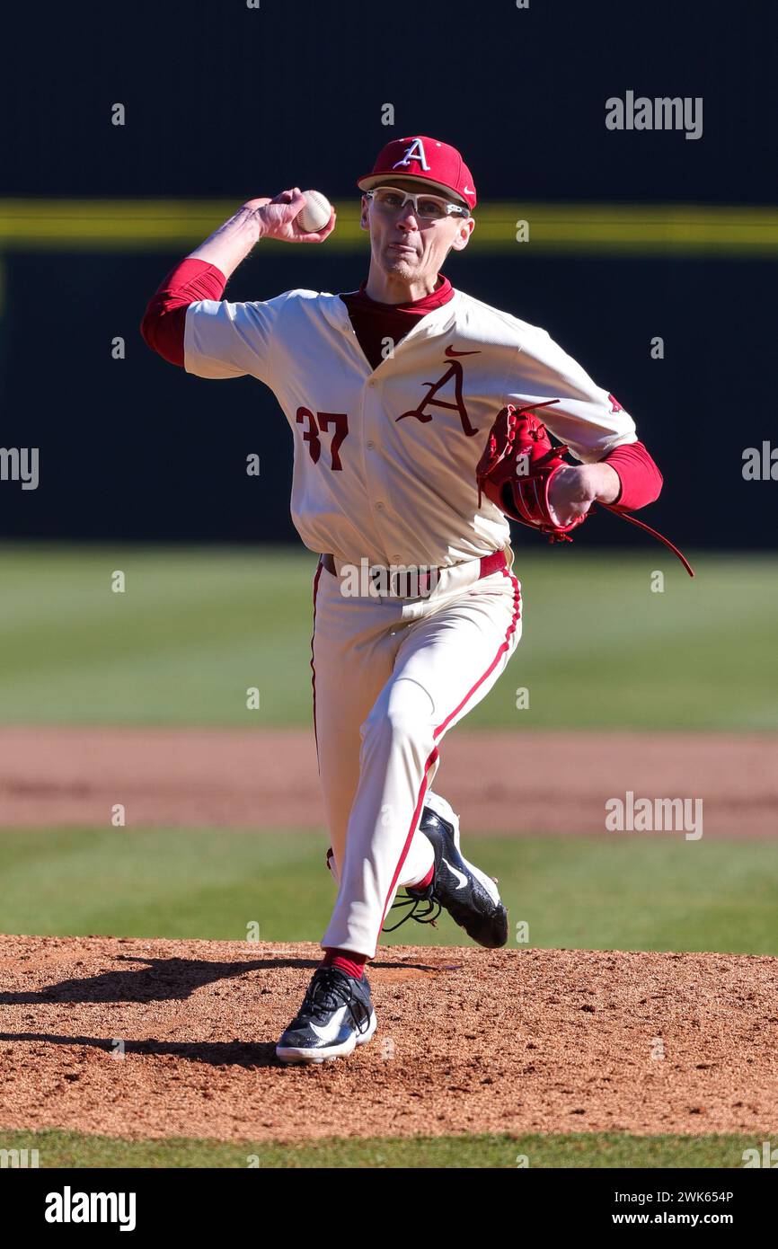 February 18, 2024: Jake Faherty #37 Arkansas pitcher works from the ...