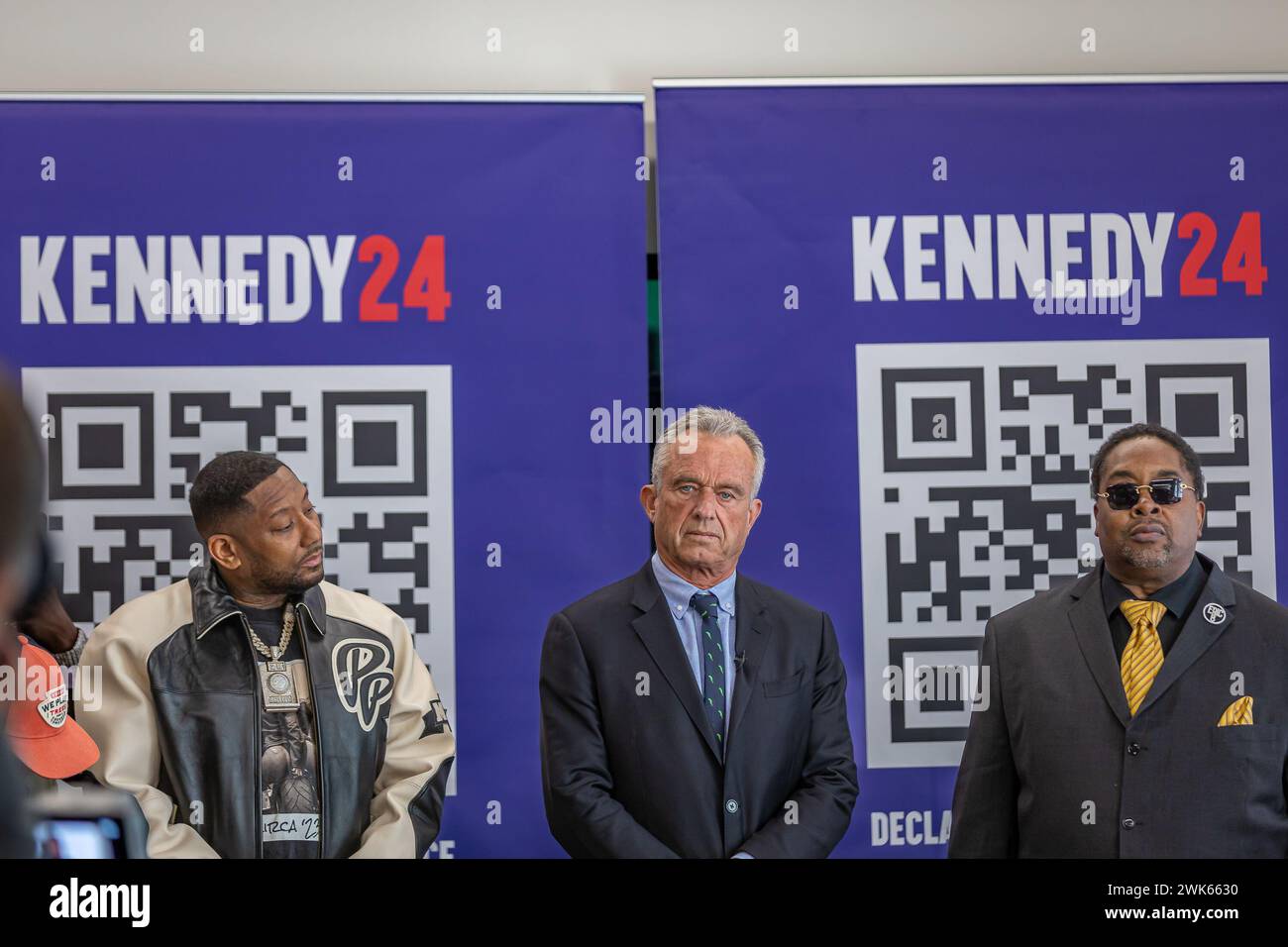 NEW YORK, NEW YORK - FEBRUARY 18: Independent presidential candidate Robert F. Kennedy Jr. hosts a fireside chat with rapper and producer Eric B. at the Brooklyn-based The Gentleman's Factory in honor of Black History Month on February 18, 2024 in New York City. (Photo by Michael Nigro/Sipa USA/Sipa USA) Credit: Sipa USA/Alamy Live News Stock Photo