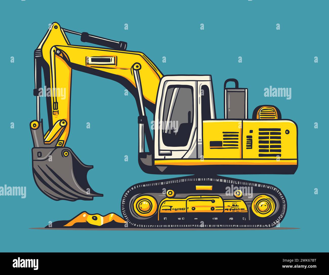 Yellow excavator digging ground on construction area. Vector clip art