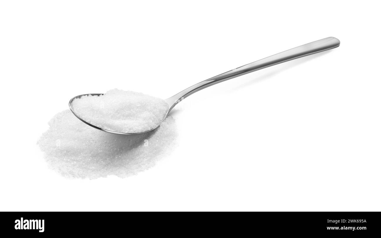 Spoon with granulated sugar isolated on white Stock Photo