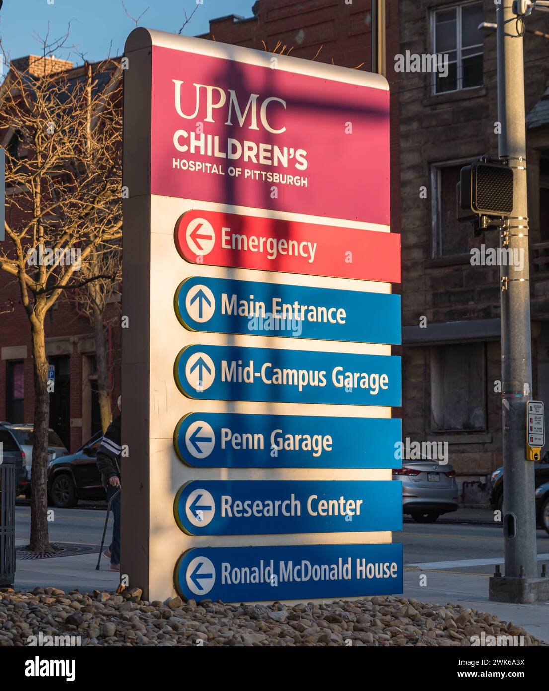 A sign for the UPMC Children's Hospital on Penn Avenue in Pittsburgh