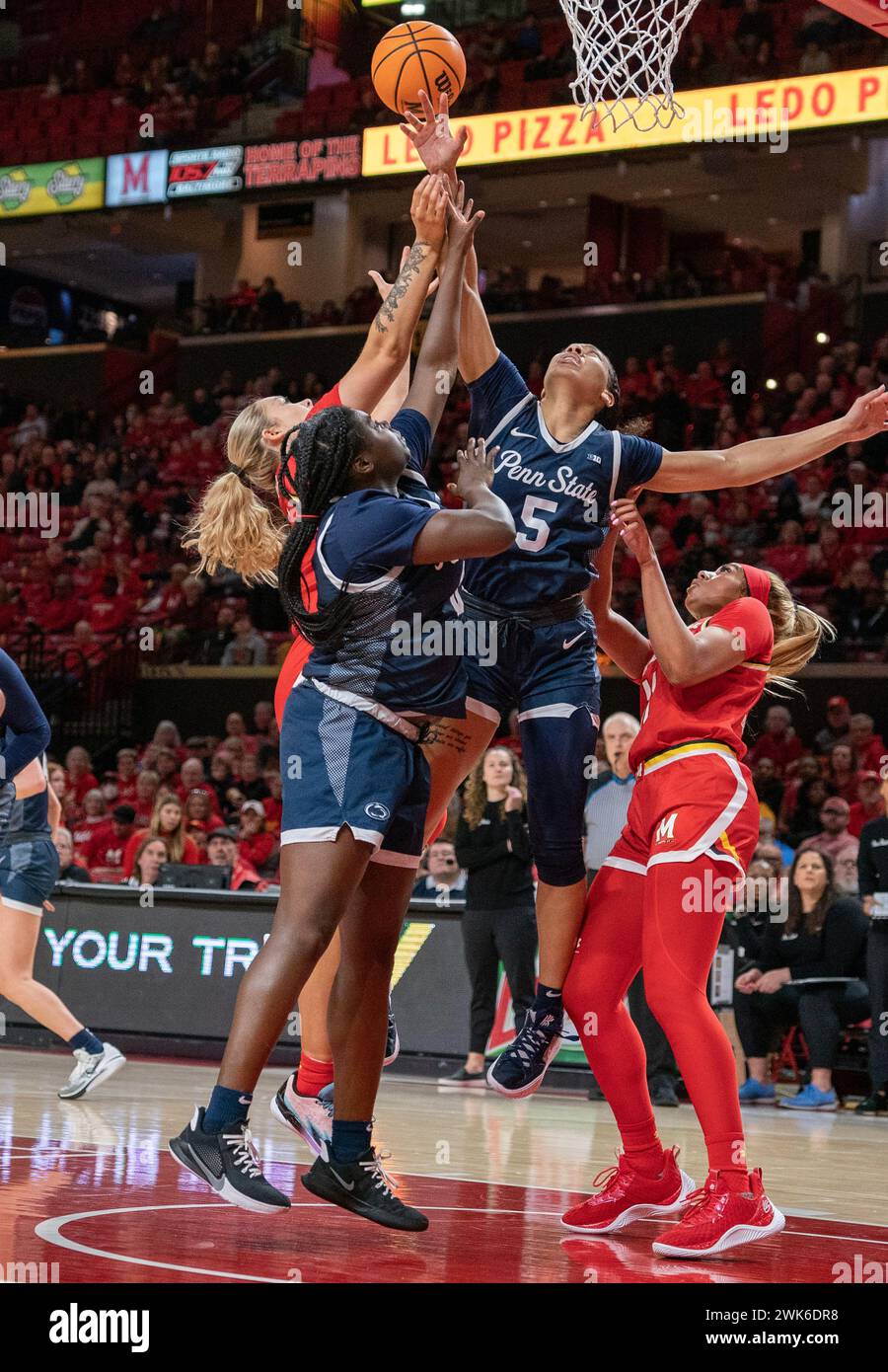 College Park, USA. 18th Feb, 2024. COLLEGE PARK, MD: - FEBRUARY 18: Penn State Nittany Lions guard Leilani Kapinus (5) reaches up for a shot during a women's college basketball game between the Maryland Terrapins and the Penn State Nittany Lions at Xfinity Center, in College Park, Maryland on February 18, 2024. (Photo by Tony Quinn/SipaUSA) Credit: Sipa USA/Alamy Live News Stock Photo