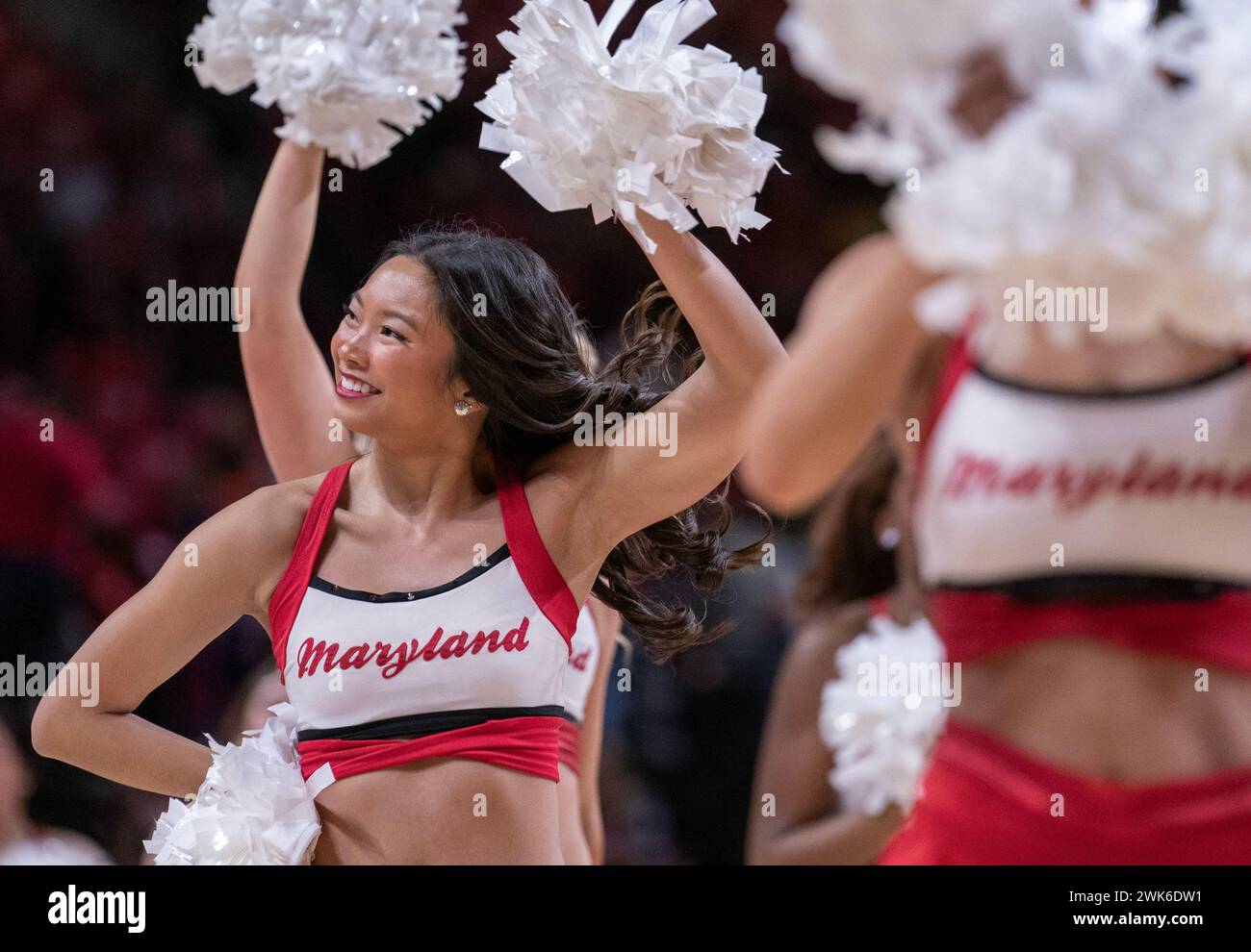College Park, USA. 18th Feb, 2024. COLLEGE PARK, MD: - FEBRUARY 18: Maryland cheerleader performs during a women's college basketball game between the Maryland Terrapins and the Penn State Nittany Lions at Xfinity Center, in College Park, Maryland on February 18, 2024. (Photo by Tony Quinn/SipaUSA) Credit: Sipa USA/Alamy Live News Stock Photo