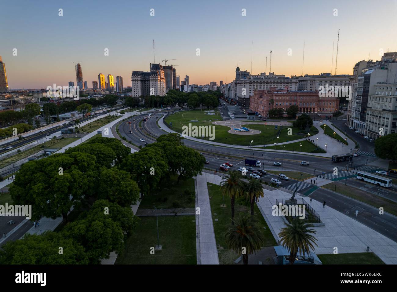 Puerto Madero, Buenos Aires, Argentina - 02 02 2024: Beautiful aerial footage of Plaza de Mayo, the Casa Rosada Presidents house, The Kirchner Cultura Stock Photo