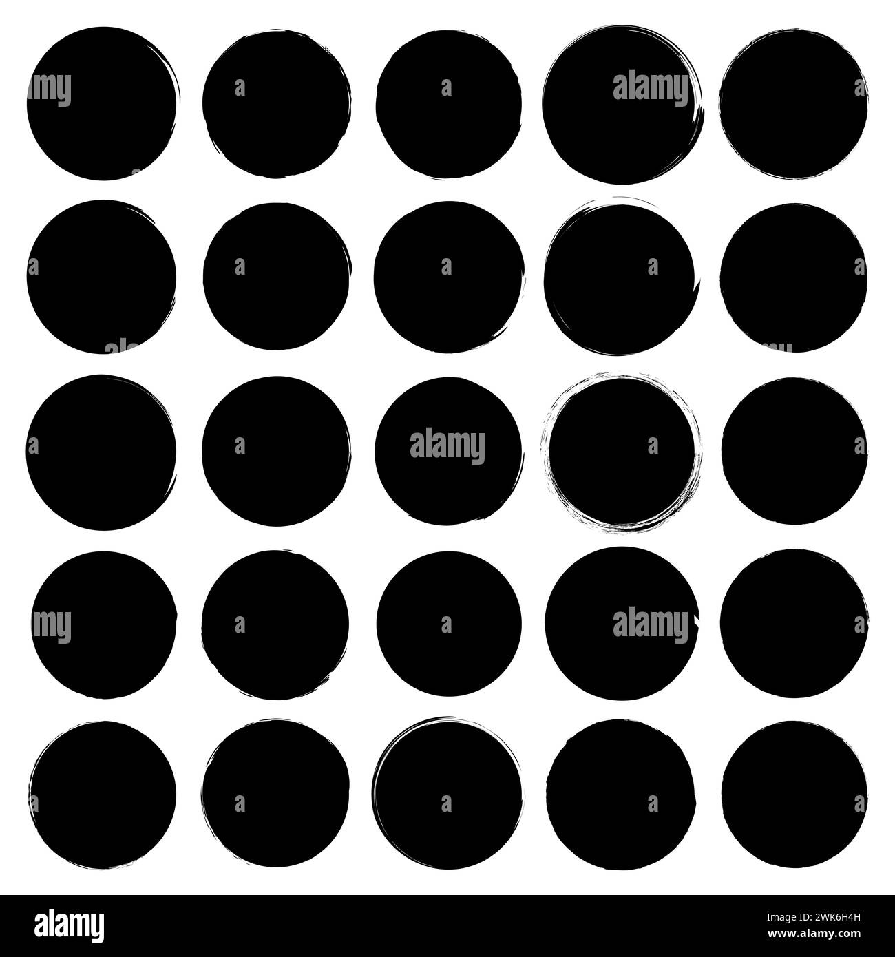 Uniform black circles with brush stroke variety. Simple dot pattern. Monochrome geometric shapes. Vector illustration. EPS 10. Stock Vector