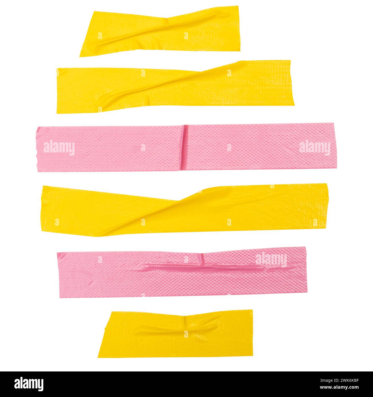 Top view set of wrinkled yellow and pink adhesive vinyl tape or cloth tape in stripes shape is isolated on white background with clipping path. Stock Photo