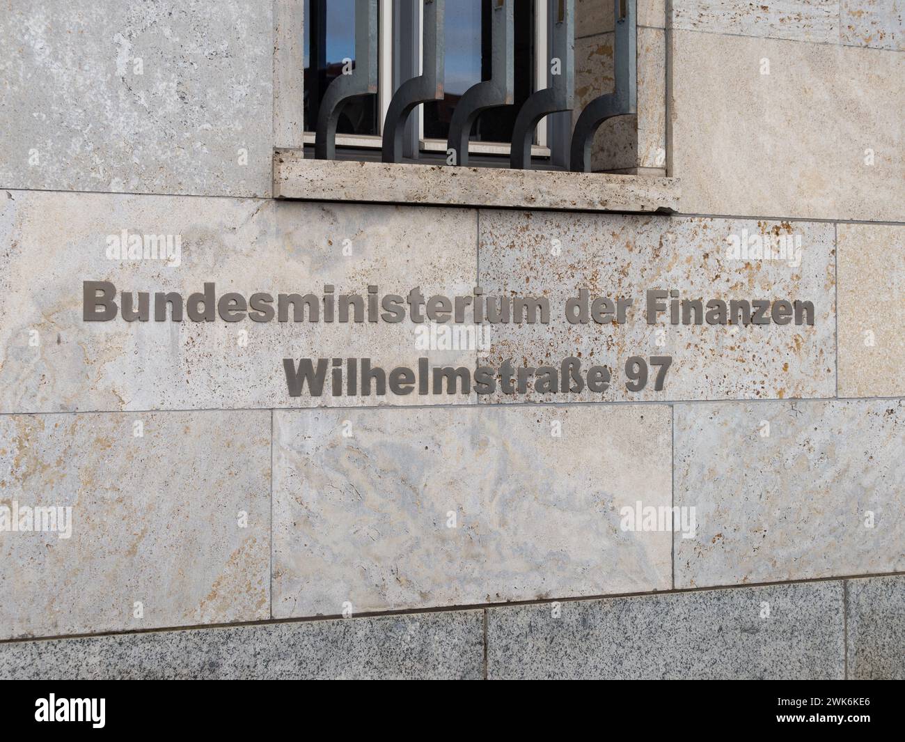 Bundesministerium der Finanzen in Berlin, Germany. Name of the German Ministry of Finance as a sign on the exterior wall on the government building. Stock Photo