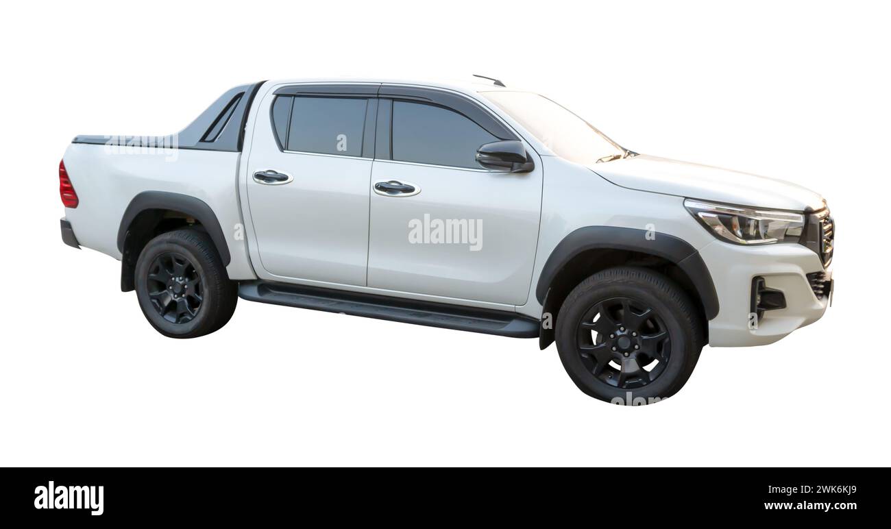 Side view of bronze or white pickup truck is isolated on white background with clipping path. Stock Photo