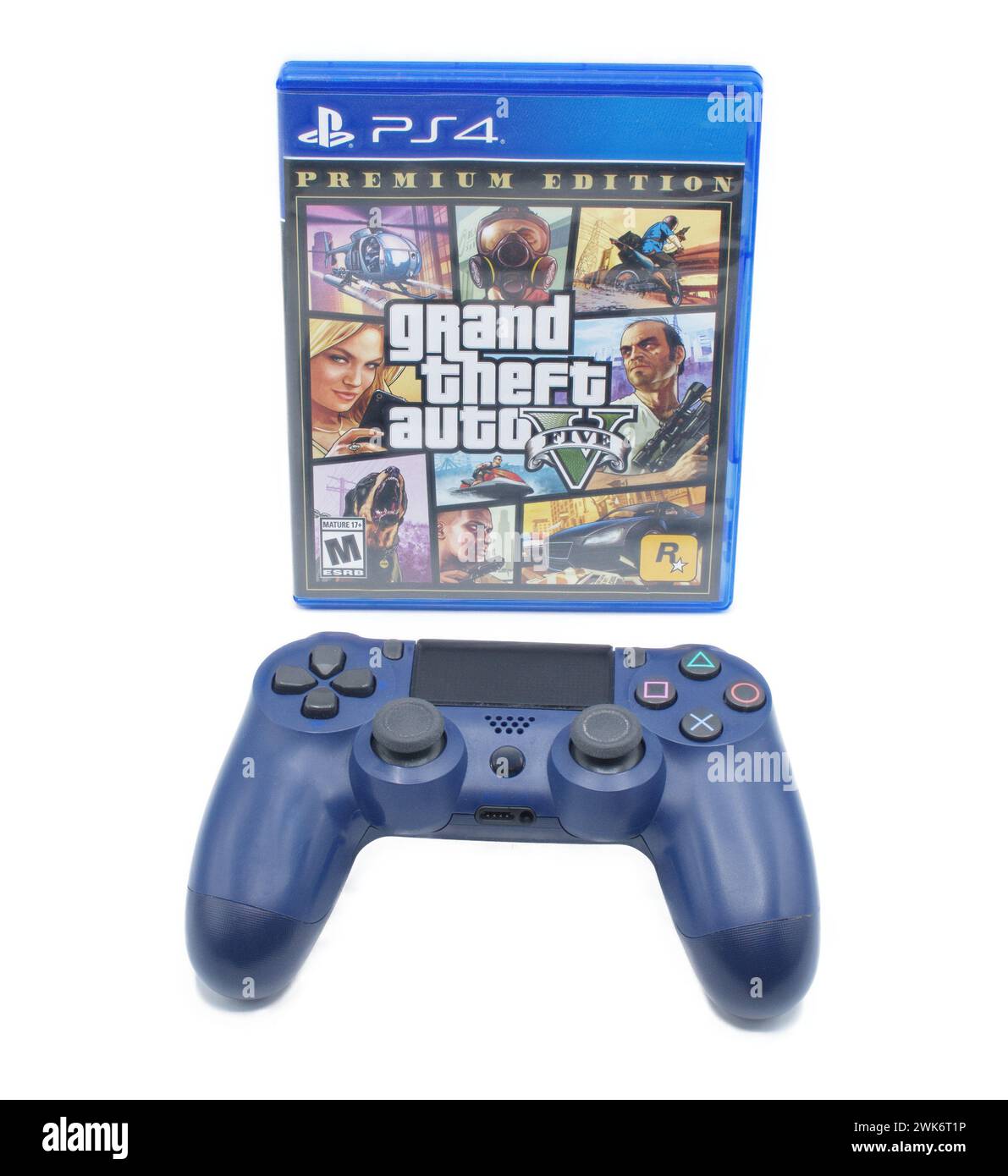Ocala, FL 2-18-2024 Grand Theft Auto five V game on Sony Play Station PS4. Rockstar Games, Inc. is an American video game publisher based in New York Stock Photo