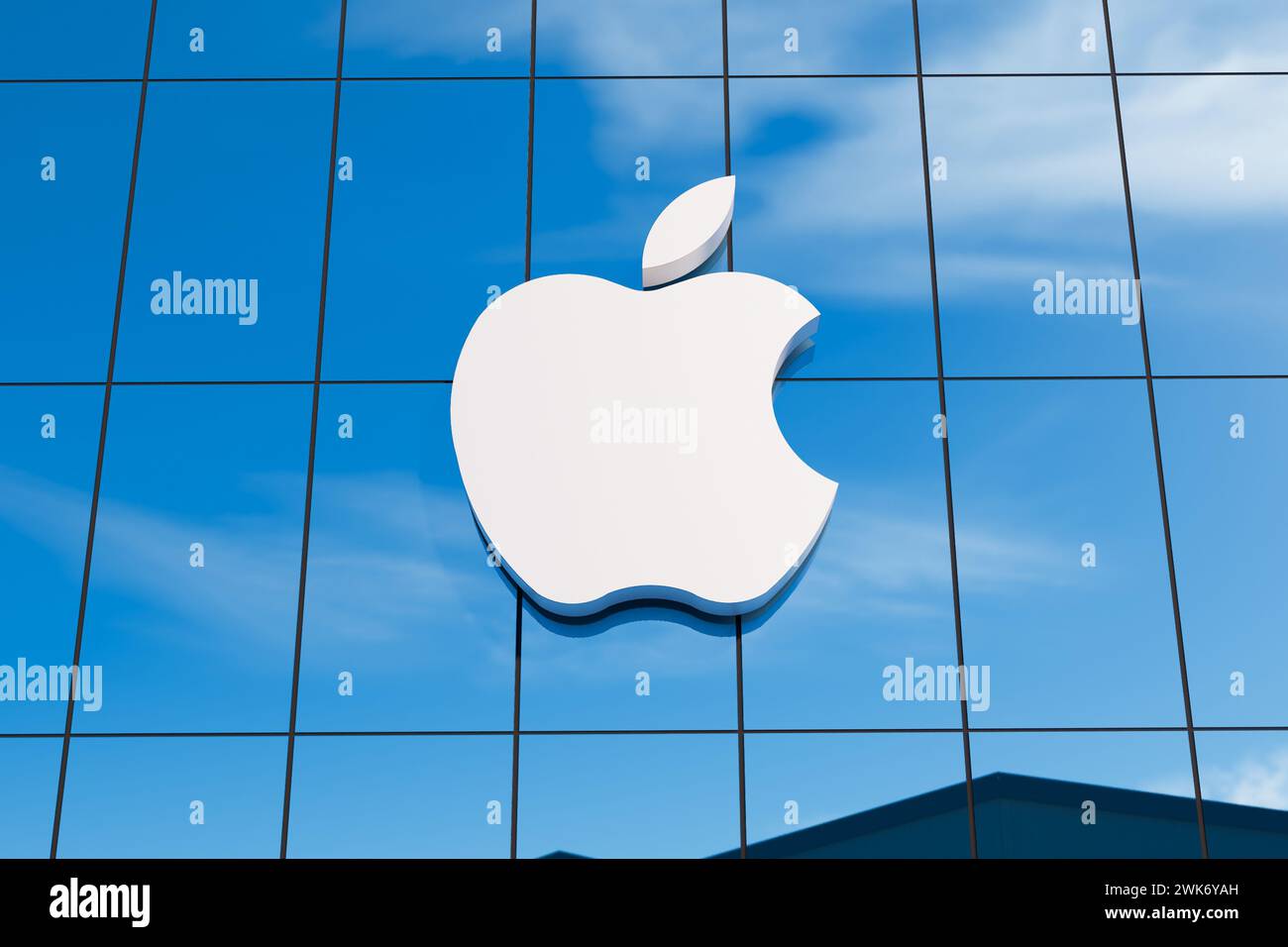 Pune, India - February 19, 2024. Apple.inc logo on the facade of the headquarter office, 3D Illustration. Stock Photo