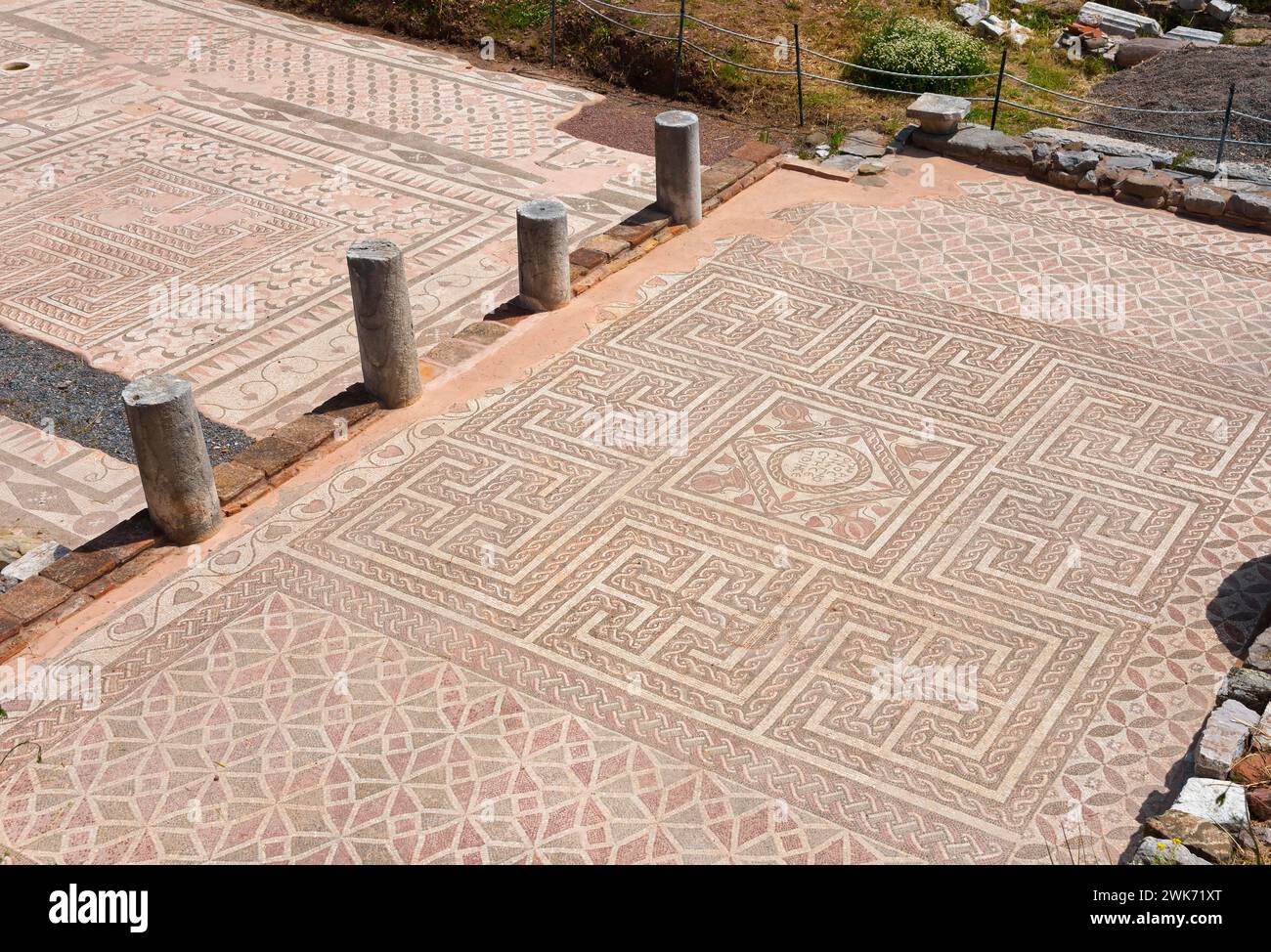 Historic mosaic floors of an open-air archaeological site show geometric patterns, Messene, ancient Greek polis, Messini, Messenia, Peloponnese Stock Photo