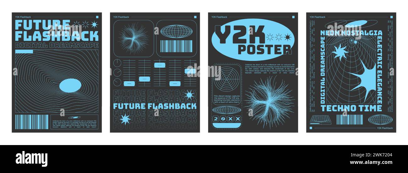 Y2k style poster design template set with grid acid abstract pattern ...