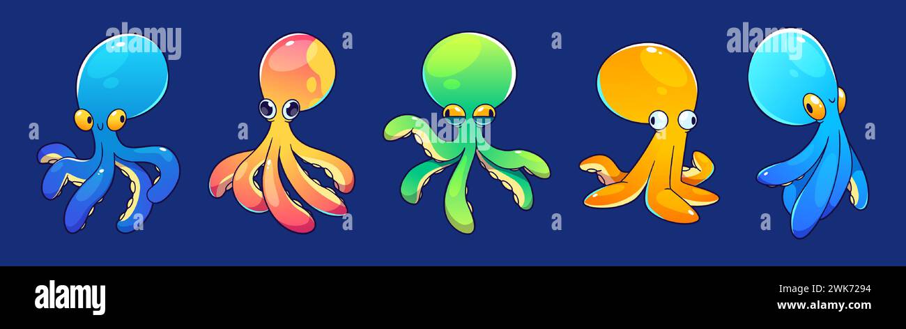 Set of octopus characters isolated on background. Vector cartoon illustration of blue, yellow, green, orange underwater creature with many tentacles and big eyes, water bubbles, sea animal mascot Stock Vector