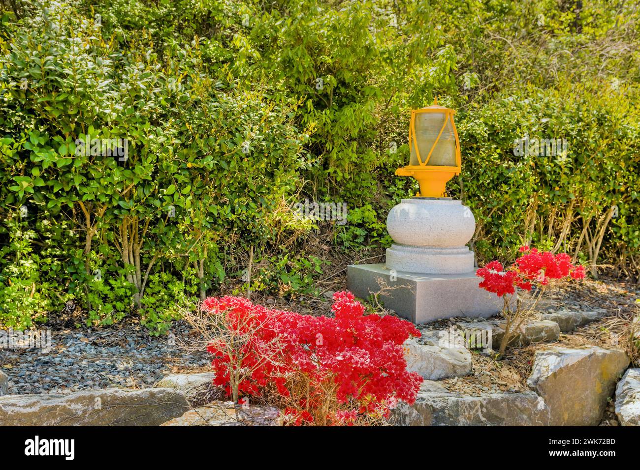 Old yellow rotating beacon light once used in lighthouse in Mokpo, South Korea Stock Photo