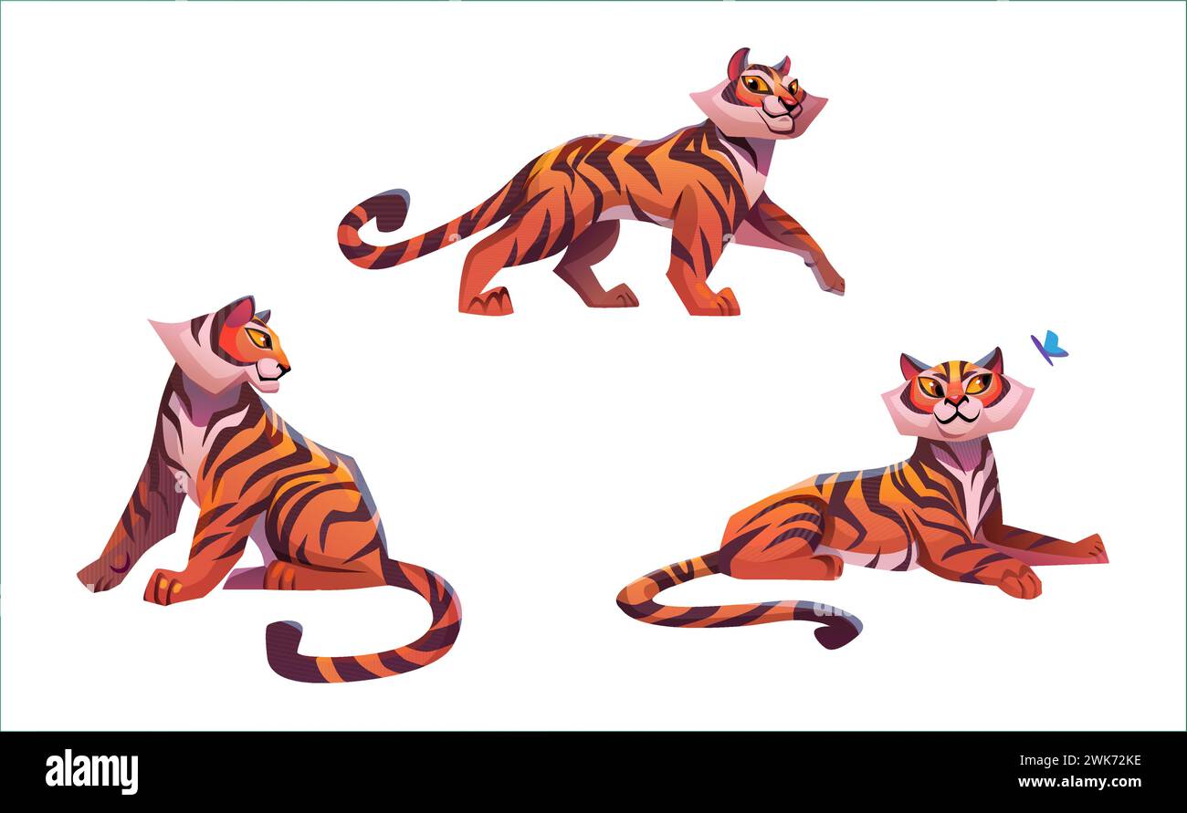 Young tiger cartoon character in different poses with face emotions. Vector illustration set of wild animal with orange fur with black stripes standing, sitting and lying looking to butterfly. Stock Vector